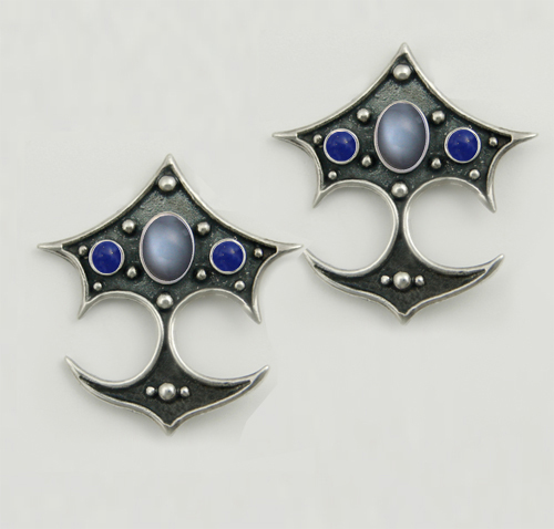 Sterling Silver Gothic Drop Dangle Earrings With Grey Moonstone And Lapis Lazuli